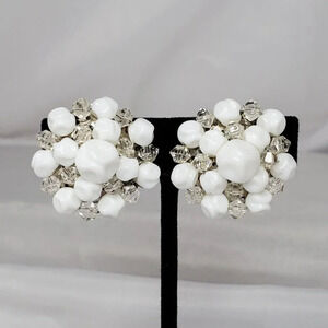 Vintage White Milk Glass Beaded Clip-On Earrings Made In Germany
